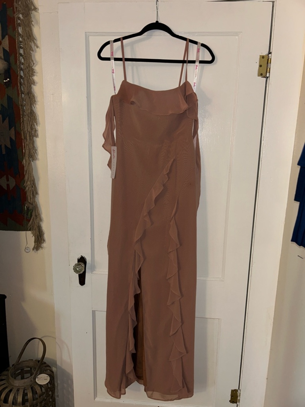Azazie Barbie Bronzer Ruffle-Trim Spaghetti-Strap Midi Dress - Picture 2 of 8